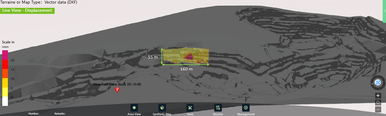 Figure 1: An image of the area of interest which is a defined 55 m by 160 m scan area. The live view displacement with an observational scale of 20 mm is shown for a period of 24 hours