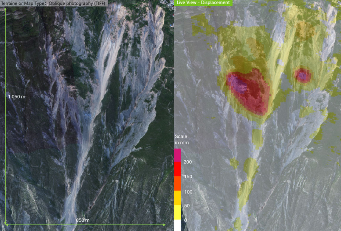 Figure 1: An image of the mountainside face is provided on the left which encapsulates a 1 050 m by 850 m scan area. The live view displacement with an observational scale* of 200 mm is shown on the right for a period of 72 hours