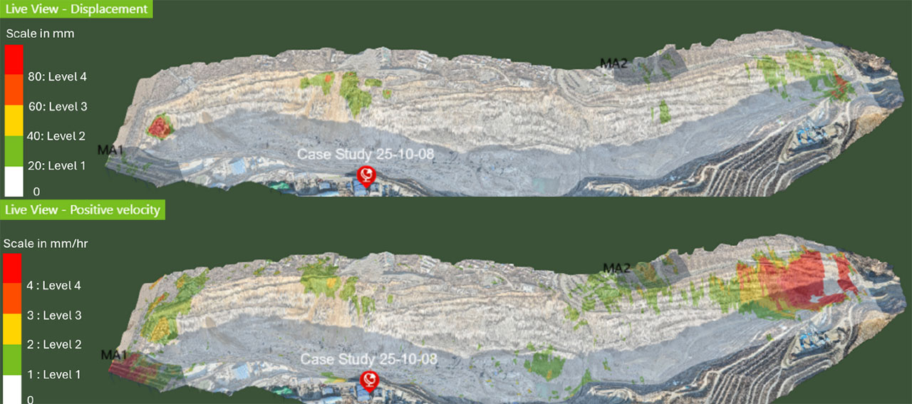 Figure 7: The live view displacement (above) and average velocity (below) synthetic maps which correspond to the alert triggers provided in Figure 6